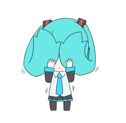 Rule 34 | 1girl, absurdres, aqua hair, aqua necktie, black legwear, black skirt, black sleeves, chibi, commentary, covering face, expressionless, facing viewer, flat color, full body, grey shirt, hair ornament, hair over face, hands up, hatsune miku, hatsune negame, highres, holding, holding hair, long hair, miniskirt, necktie, pleated skirt, shirt, simple background, skirt, solo, standing, trembling, twintails, very long hair, vocaloid, white background