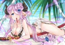Rule 34 | 10s, 1girl, alternate costume, beach, bikini, blue eyes, breasts, cleavage, day, demon horns, draph, fujikitsune, granblue fantasy, hair over one eye, highres, horns, katana, large breasts, light purple hair, long hair, looking at viewer, low twintails, lying, mouth hold, narmaya (granblue fantasy), narmaya (summer) (granblue fantasy), on stomach, outdoors, palm tree, pointy ears, sand, sheath, sheathed, solo, swimsuit, sword, thigh strap, thighs, tree, twintails, weapon, white bikini