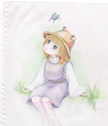 Rule 34 | 1girl, blonde hair, bloodshot eyes, bug, butterfly, colored pencil (medium), female focus, gradient background, grass, hat, insect, looking up, moriya suwako, nature, outdoors, plant, scan, sitting, skirt, solo, touhou, traditional media, white background, yaua