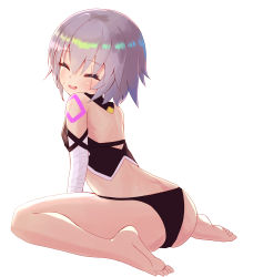 Rule 34 | 1girl, absurdres, ass, bandaged arm, bandages, bare shoulders, black panties, black thighhighs, black vest, breasts, closed eyes, cropped vest, facial scar, fate/apocrypha, fate/grand order, fate (series), feet, hair between eyes, highres, jack the ripper (fate/apocrypha), koisuke, legs, navel, open mouth, panties, scar, scar across eye, scar on cheek, scar on face, short hair, shoulder tattoo, silver hair, sitting, small breasts, smile, solo, tattoo, thighhighs, thighs, underwear, vest, wariza