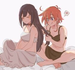 Rule 34 | 2girls, :q, ange (angeban93), black bra, black shorts, blue eyes, blush, bra, breasts, brushing another&#039;s hair, brushing hair, cleavage, closed mouth, flip flappers, indian style, long hair, long skirt, medium breasts, mimi (flip flappers), multiple girls, navel, on bed, papika (flip flappers), pregnant, shorts, simple background, sitting, skirt, smile, tongue, tongue out, underwear, white background, white bra, white skirt, yuri
