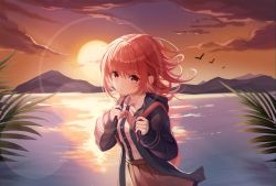 Rule 34 | 1girl, absurdres, backlighting, black jacket, black shirt, brown skirt, cloud, collared shirt, commentary request, danganronpa (series), danganronpa 2: goodbye despair, dress shirt, highres, hood, hood down, jacket, long sleeves, looking at viewer, nanami chiaki, neck ribbon, no hair ornament, open clothes, outdoors, parted lips, pink ribbon, pleated skirt, red eyes, ribbon, shirt, shirt tucked in, skirt, solo, sunlight, sunset, unfinished, watermelon (subak jelly), white shirt