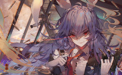 Rule 34 | 1girl, blazer, buttons, closed mouth, commentary request, copyright name, crescent, crescent hair ornament, dress shirt, english text, gloves, gun, hair between eyes, hair ornament, handgun, holding, holding gun, holding weapon, jacket, kawacy, long hair, long sleeves, looking at viewer, necktie, purple hair, red eyes, red necktie, reisen udongein inaba, rifle, shell casing, shirt, smile, smoke, solo, touhou, upper body, weapon, white gloves, white shirt, wing collar