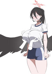 Rule 34 | 1girl, absurdres, angry, black choker, black hair, black wings, blue archive, blue shorts, blush, breast lift, breasts, choker, clenched hand, closed eyes, closed mouth, disembodied hand, feathered wings, grabbing, grabbing another&#039;s breast, gym shirt, gym shorts, gym uniform, hair between eyes, halo, hasumi (blue archive), hasumi (track) (blue archive), highres, hofdechiski, huge breasts, large wings, long hair, low wings, mole, mole under eye, nose blush, official alternate costume, ponytail, red halo, sensei (blue archive), shirt, short shorts, short sleeves, shorts, simple background, solo focus, standing, sweatdrop, trembling, very long hair, white background, white shirt, wings