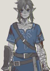 Rule 34 | 1boy, belt, blood, blood on clothes, blood on face, blue eyes, blue shirt, brown belt, collarbone, cowboy shot, highres, holding, ivy (sena0119), layered sleeves, link, long sleeves, male focus, nintendo, pointy ears, shirt, short hair, short over long sleeves, short sleeves, solo, the legend of zelda, the legend of zelda: breath of the wild