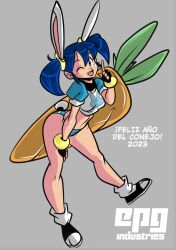 Rule 34 | 1girl, 2023, animal ears, ass, bare legs, black hair, blue background, blue panties, blush, bracelet, breasts, carrot, chinese zodiac, curvy, dated, embarrassed, erik96, erika-chan, fake animal ears, fake tail, happy new year, jewelry, long hair, looking at viewer, medium breasts, midriff, navel, new year, one eye closed, open mouth, panties, puffy sleeves, rabbit ears, rabbit tail, revealing clothes, scrunchie, shirt, short sleeves, spanish text, standing, striped clothes, striped panties, tail, thong, translated, twintails, underwear, white shirt, wide hips, wink, year of the rabbit