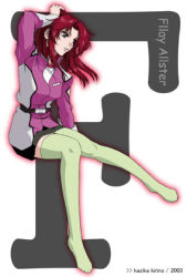 Rule 34 | 00s, flay allster, green thighhighs, gundam, gundam seed, lowres, military, military uniform, ponytail, red hair, smile, solo, thighhighs, uniform