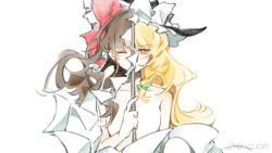 Rule 34 | 2girls, black headwear, blonde hair, bow, brown hair, chinese commentary, closed eyes, commentary request, covered mouth, floating hair, gohei, green bow, hair bow, hakurei reimu, hat, hat bow, highres, holding, holding gohei, kirisame marisa, long hair, looking at viewer, multiple girls, no nipples, red bow, shide, simple background, sketch, split theme, topless, touhou, video thumbnail, watermark, weibo logo, white background, white bow, ya17033999, yellow eyes