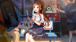 Rule 34 | 1girl, brown eyes, brown hair, double popsicle, food, happy, holding, holding food, holding popsicle, idolmaster, idolmaster (classic), idolmaster million live!, idolmaster million live! theater days, long hair, minase iori, official art, on bench, open mouth, ponytail, popsicle, sitting