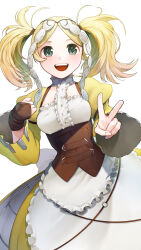 Rule 34 | 1girl, :d, absurdres, apron, blonde hair, brown gloves, commentary request, dress, fingerless gloves, fire emblem, fire emblem awakening, gloves, green eyes, headdress, highres, ikura (downdexp), lissa (fire emblem), long sleeves, looking at viewer, nintendo, open mouth, single glove, smile, solo, teeth, twintails, upper teeth only, v, white apron, white background, white headdress, yellow dress