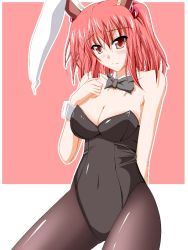 Rule 34 | 1girl, animal ears, bare shoulders, black pantyhose, bow, bowtie, breasts, campbell (pixiv), campbell gichou, cleavage, detached collar, female focus, hair bobbles, hair ornament, leotard, onozuka komachi, pantyhose, playboy bunny, rabbit ears, red eyes, red hair, short hair, solo, touhou, wrist cuffs