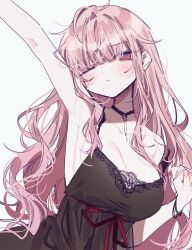 Rule 34 | 1girl, 3j dangan, arm up, armpits, black nightgown, blush, breasts, cleavage, closed mouth, collarbone, frown, highres, hololive, hololive english, large breasts, long hair, messy hair, mori calliope, mori calliope (sleepwear), nightgown, one eye closed, pink eyes, pink hair, red ribbon, ribbon, simple background, solo, stretching, virtual youtuber, white background