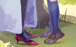 Rule 34 | 2girls, aoi erika, black thighhighs, blue socks, brown footwear, cape, feet, foot focus, grass, heaven burns red, height difference, high heels, highres, implied kiss, loafers, minase ichigo, multiple girls, outdoors, red footwear, shadow, shoes, socks, thighhighs, tiptoes, tree, wbon, white cape, yuri