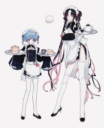 Rule 34 | 1boy, 1girl, absurdres, alternate costume, apron, black dress, black footwear, black hair, blue eyes, blue hair, blush, breasts, china dress, chinese clothes, cleavage, closed mouth, commentary, crossdressing, cup, dress, elbow gloves, enmaided, facial mark, fate/extra, fate/extra ccc, fate/grand order, fate (series), forehead tattoo, frilled apron, frills, full body, gloves, grey background, hans christian andersen (fate), high heels, highres, holding, holding tray, large breasts, long hair, looking at viewer, maid, maid apron, maid headdress, multicolored hair, name tag, parted bangs, pink hair, pith u, qi maid, short hair, sidelocks, simple background, sleeves past fingers, sleeves past wrists, smile, standing, streaked hair, symbol-only commentary, teacup, teapot, thighhighs, tray, twintails, very long hair, white apron, white background, white gloves, white headwear, white thighhighs, wide sleeves, yellow eyes