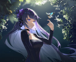 Rule 34 | 1girl, animal, bird, black ribbon, black sweater, breasts, choker, cleavage, closed mouth, eyelashes, flower, genshin impact, hair flower, hair ornament, hand up, hibiscus, highres, index finger raised, jewelry, jiangyiting17, landing, light particles, long hair, long sleeves, looking at animal, looking away, mitsudomoe (shape), mole, nature, outdoors, pendant, purple eyes, purple flower, purple hair, raiden shogun, ribbed sweater, ribbon, skin tight, smile, sweater, tomoe (symbol), upper body, very long hair