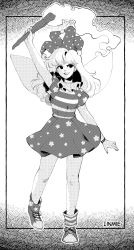 Rule 34 | 1girl, absurdres, arm up, artist name, asymmetrical legwear, bad id, bad pixiv id, clownpiece, dress, fairy wings, freckles, greyscale, hat, highres, holding, holding torch, jester cap, linmiee, long hair, mismatched legwear, monochrome, neck ruff, polka dot, shoes, short sleeves, sneakers, star (symbol), striped clothes, striped dress, torch, touhou, wings