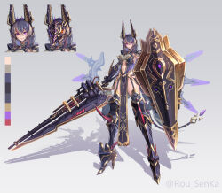 1girl absurdres black_hair blonde_hair breasts color_guide full_body garter_straps gradient_background grey_background high_heels highres holding holding_polearm holding_shield holding_weapon lance mask mecha_musume mechanical_tail medium_breasts multicolored_hair navel original pelvic_curtain polearm purple_eyes rou_senka shadow shield simple_background standing streaked_hair tail two-tone_hair weapon