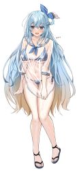 Rule 34 | 1girl, :d, absurdres, bare legs, bikini, blue bikini, blue eyes, blue hair, breasts, collarbone, commission, full body, gradient hair, hair ribbon, hair rings, highres, large breasts, long hair, long sleeves, looking at viewer, multicolored hair, navel, neckerchief, open mouth, original, ribbon, sailor collar, sailor shirt, sandals, see-through, shirt, side-tie bikini bottom, simple background, smile, solo, stomach, string bikini, swimsuit, thighs, tongtangtong, very long hair, wet, wet clothes, wet shirt, white background