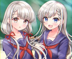 Rule 34 | 2girls, :d, :o, absurdres, blue eyes, blue sailor collar, blue shirt, blush, braid, braided bangs, brown eyes, chalkboard, collarbone, commentary request, earrings, grey hair, hair over shoulder, hair ribbon, hand up, highres, hisakawa hayate, hisakawa nagi, huge filesize, idolmaster, idolmaster cinderella girls, idolmaster cinderella girls starlight stage, jewelry, long hair, long sleeves, looking at viewer, low twintails, mitsumine raimu, multiple girls, neckerchief, open mouth, parted lips, red neckerchief, red ribbon, ribbon, sailor collar, school uniform, serafuku, shirt, siblings, sisters, smile, twins, twintails, upper body