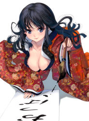 Rule 34 | 1girl, :p, black hair, blue eyes, blush, breasts, breasts out, calligraphy brush, collarbone, furisode, highres, holding, ink, japanese clothes, kimono, kouno (masao), large breasts, long hair, nipple slip, nipples, original, paintbrush, paper, seigaiha, simple background, smile, solo, tongue, tongue out, white background, wide sleeves