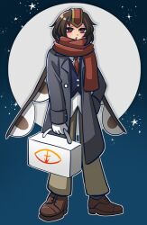 Rule 34 | 1jumangoku, 1other, :o, androgynous, blue jacket, briefcase, brown eyes, brown footwear, brown hair, brown pants, buttons, coat, coattails, collared coat, collared shirt, commentary, eye of senri, full body, full moon, gloves, grey coat, hand on own hip, headgear, holding, holding briefcase, jacket, kokutenshi hibaru, len&#039;en, light blush, looking at viewer, moon, necktie, night, night sky, open clothes, open coat, other focus, outline, pants, parted lips, red headwear, red necktie, red scarf, scarf, shirt, shoes, short hair, simple background, sky, solo, star (sky), star (symbol), starry sky, white gloves, white outline, white shirt, wings, winter clothes, winter coat