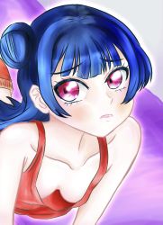 Rule 34 | 1girl, artist name, artist request, bare shoulders, blue hair, blush, breasts, cleavage, collarbone, female focus, hair bun, highres, long hair, looking at viewer, love live!, love live! sunshine!!, parted lips, pink eyes, purple eyes, red tank top, shirt, side bun, single hair bun, small breasts, smile, solo, tank top, tsushima yoshiko, upper body, worried