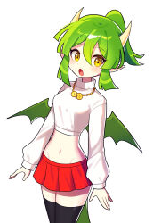 Rule 34 | 1girl, absurdres, alternate costume, alternate hairstyle, black thighhighs, blush, brown eyes, crop top, draco centauros, dragon girl, dragon horns, dragon tail, fang, green hair, highres, horns, jewelry, looking at viewer, navel, necklace, offbeat, open mouth, pleated skirt, pointy ears, puyopuyo, red skirt, short hair, short ponytail, simple background, skirt, solo, tail, thighhighs, white background