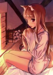 Rule 34 | 1girl, :p, animal ears, ascii media works, bare legs, bed, bottomless, brown hair, brushing hair, comb, fireplace, highres, holo, hugging own tail, hugging tail, jewelry, kawakami rokkaku, long hair, looking at viewer, naked shirt, necklace, no pants, red eyes, scan, shirt, sitting, smile, solo, spice and wolf, tail, tongue, tongue out, wolf ears, wolf tail