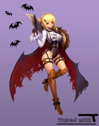 Rule 34 | 1girl, armor, armored boots, bat (animal), bat wings, black leotard, blonde hair, blush, bolt action, boots, braid, breasts, brown footwear, brown gloves, character name, closed mouth, commentary request, crown braid, girls&#039; frontline, gloves, gun, half gloves, halloween, halloween costume, handgun, highleg, highleg leotard, highres, integral suppressor, integrally-suppressed firearm, knee boots, large breasts, leotard, long sleeves, looking at viewer, manual firearm, notte, purple background, red wings, shirt, simple background, smile, solo, standing, standing on one leg, suppressor, torn wings, weapon, welrod, welrod mk ii, welrod mkii (girls&#039; frontline), white shirt, wings, yellow eyes