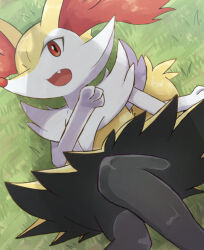 Rule 34 | 1girl, animal ear fluff, animal ears, animal hands, animal nose, black fur, body fur, braixen, creatures (company), day, fang, female focus, flat chest, fox ears, fox girl, fox tail, from above, furry, furry female, game freak, gen 6 pokemon, grass, hand up, highres, looking at viewer, lying, multicolored fur, nintendo, on back, on ground, open mouth, outdoors, pokemon, pokemon (creature), red eyes, rumine (yoshi1234567), shadow, snout, solo, tail, white fur, yellow fur