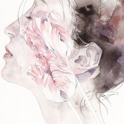 Rule 34 | 1girl, black hair, close-up, closed eyes, flower, from side, original, painting (medium), parted lips, portrait, short hair, signature, simple background, solo, traditional media, watercolor (medium), white background, white flower, yue (memento1113)