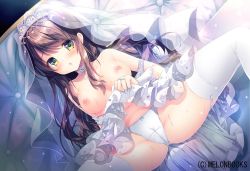 Rule 34 | 1girl, bad id, bad pixiv id, bare shoulders, bow, bow panties, breasts, bridal veil, brown eyes, brown hair, cameltoe, clothes lift, clothes pull, collarbone, commentary request, couch, dress, dress lift, dress pull, dutch angle, garter straps, jewelry, lifting own clothes, long hair, medium breasts, mizuki yuuma, navel, nipples, on couch, original, panties, ring, sitting, solo, spread legs, thighhighs, underwear, veil, very long hair, watermark, wedding band, wedding dress, white dress, white panties, white thighhighs
