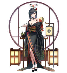 Rule 34 | 1girl, absurdres, alternate costume, black hair, black kimono, blue archive, breasts, cleavage, full body, hallo (rltkdydrltk), halo, highres, holding, holding smoking pipe, japanese clothes, kimono, large breasts, long hair, long sleeves, obi, okobo, open mouth, plant, potted plant, red eyes, rio (blue archive), sandals, sash, smile, smoking pipe, socks, solo, tabi, white socks, wide sleeves