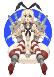 Rule 34 | 10s, 1girl, blonde hair, blush, cannon, collarbone, elbow gloves, gloves, grey eyes, hairband, kantai collection, long hair, mono (miso kuronowish), navel, open mouth, personification, rensouhou-chan, shimakaze (kancolle), sitting, skirt, sleeveless, solo, striped clothes, striped thighhighs, thighhighs, very long hair, weapon