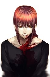Rule 34 | 1girl, black shirt, blood, blood on clothes, blood on face, braid, chainsaw man, grin, highres, hoshi san 3, looking at viewer, makima (chainsaw man), orange eyes, red hair, ringed eyes, sanpaku, shirt, sidelocks, simple background, single braid, smile, solo, upper body, white background