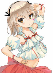 Rule 34 | 1girl, alternate costume, arm cuffs, back bow, black ribbon, bow, brown eyes, camisole, closed mouth, commentary, facial tattoo, frilled camisole, frills, from side, girls und panzer, hair ribbon, highres, light brown hair, long hair, looking at viewer, midriff, miniskirt, monomono, \\n/, navel, one side up, pleated skirt, red skirt, ribbon, shimada arisu, skirt, solo, star tattoo, tattoo, upper body, white camisole, wrist ribbon