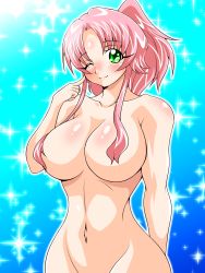 Rule 34 | 1girl, arm behind back, blush, breasts, convenient censoring, finger to face, gradient background, green eyes, hair censor, hair over breasts, highres, inabakun00, large breasts, long hair, looking at viewer, navel, nude, one eye closed, original, out-of-frame censoring, pink hair, ponytail, rio (inaba), smile, solo, sparkle, sparkle background, standing, wink