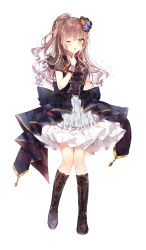 Rule 34 | 1girl, ;), bang dream!, black footwear, blue flower, blue rose, blush, boots, brown hair, corset, dress, finger to mouth, flower, frilled dress, frills, full body, green eyes, hair flower, hair ornament, half updo, hand on own chest, highres, imai lisa, knee boots, long hair, one eye closed, overskirt, red flower, red rose, rose, short sleeves, simple background, smile, solo, standing, striped, taya oco, vertical stripes, white background, wrist cuffs