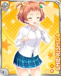 Rule 34 | 1girl, blue skirt, brown hair, card, character name, closed eyes, gift, girlfriend (kari), kishida chie, official art, open mouth, orange background, plaid, plaid skirt, qp:flapper, shirt, skirt, smile, solo, strap, tagme, twintails, white shirt, yellow eyes