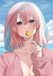 Rule 34 | 1girl, absurdres, blue eyes, blue nails, blue sky, breasts, candy, cleavage, collarbone, day, food, food in mouth, gyaru, highres, holding, holding candy, holding food, holding lollipop, hood, hood up, hoodie, horizon, large breasts, light (lightpicture33), lips, lollipop, looking at viewer, medium hair, nail polish, ocean, open clothes, open hoodie, outdoors, pink hair, pink hoodie, sky, solo, upper body, yahari ore no seishun lovecome wa machigatteiru., yuigahama yui