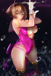Rule 34 | 10s, 1girl, absurdres, alternate costume, bad id, bad pixiv id, bow, breasts, brown hair, ctrlz77, artistic error, gloves, green eyes, headgear, highres, kantai collection, large breasts, leotard, looking at viewer, mutsu (kancolle), short hair, smile, solo, standing, thighhighs, underboob, water drop, white gloves