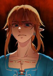 Rule 34 | 1boy, angry, black background, collarbone, earrings, frown, green shirt, hair between eyes, highres, jewelry, link, looking at viewer, male focus, nintendo, pointy ears, portrait, psp26958748, red background, shirt, sidelocks, solo, the legend of zelda, the legend of zelda: breath of the wild, two-tone background