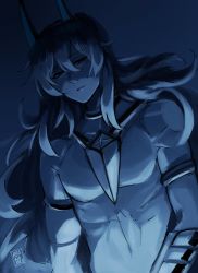 Rule 34 | arjuna (fate), arjuna alter (fate), ayanobro, bands, blue theme, expressionless, fate/grand order, fate (series), glowing horns, highres, horns, jewelry, long hair, looking at viewer, monochrome, solo, topless male