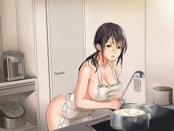 Rule 34 | 1girl, apron, areola slip, blush, breasts, brown eyes, brown hair, cooking, door, food, highres, holding, indoors, inkey, kitchen, ladle, large breasts, legs, long hair, looking at viewer, matching hair/eyes, naked apron, original, parted lips, ponytail, risou no oku-san to! shitaikoto, zenbu, solo, standing, thighs