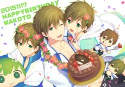 Rule 34 | 10s, 5boys, ;d, aged down, brown hair, cake, chibi, confetti, dated, flower, food, free!, fruit, green eyes, hair flower, hair ornament, happy birthday, head wreath, hood, hoodie, jacket, male focus, mini person, miniboy, mo (nmnme), multiple boys, multiple persona, one eye closed, open mouth, orca, smile, strawberry, tachibana makoto, time paradox, track jacket