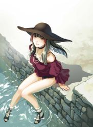 Rule 34 | 1girl, absurdres, arms at sides, black hair, black one-piece swimsuit, blouse, blunt bangs, brown hat, choker, crimson (vtuber), frilled sleeves, frills, hat, highres, hime cut, indie virtual youtuber, jewelry, long hair, multicolored hair, necklace, one-piece swimsuit, red shirt, sandals, shiomiya iruka, shirt, sitting, solo, swimsuit, swimsuit under clothes, virtual youtuber, water