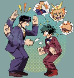 Rule 34 | 10s, 2boys, aged down, all might, antenna hair, artist request, black hair, blue eyes, blue neckwear, blue suit, blush, boku no hero academia, bow, bowtie, circle, clenched hands, excited, facing another, formal, freckles, from side, gesture, glasses, green background, green hair, hand gesture, happy, height difference, iida tenya, looking at another, male focus, midoriya izuku, multiple boys, necktie, opaque glasses, open mouth, pants, red suit, shirt, shoes, short hair, sparkle, spoken character, squatting, standing, suit, teeth, white shirt, yagi toshinori, yellow neckwear