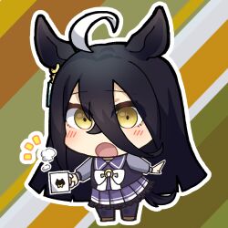 Rule 34 | 1girl, a4 (a4 eishi), absurdres, ahoge, black hair, blush, bow, bowtie, chibi, cup, hair between eyes, highres, holding, holding cup, long hair, long sleeves, looking at viewer, manhattan cafe (umamusume), multicolored hair, notice lines, open mouth, outline, purple shirt, purple skirt, sailor collar, school uniform, shirt, simple background, skirt, solo, steam, streaked hair, thighhighs, tracen school uniform, umamusume, white outline, yellow eyes