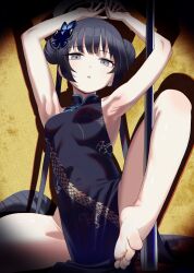 Rule 34 | absurdres, armpit crease, armpits, arms up, bare shoulders, barefoot, black hair, blue archive, butterfly hair ornament, china dress, chinese clothes, commentary, double bun, dragon print, dress, grey eyes, hair bun, hair ornament, halo, highres, jiki (gkdlfnzo1245), kisaki (blue archive), long hair, looking at viewer, no panties, pelvic curtain, pole, shadow, sidelocks, sitting, symbol-only commentary, toes, twintails, waist cape