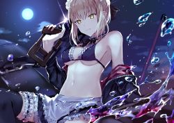 Rule 34 | 1girl, apron, artoria pendragon (all), artoria pendragon (alter swimsuit rider) (fate), artoria pendragon (alter swimsuit rider) (second ascension) (fate), artoria pendragon (fate), bikini, bikini top only, black bikini, black bow, black bowtie, black jacket, black skirt, black thighhighs, blonde hair, bow, bowtie, breasts, bridal garter, fate/grand order, fate (series), frilled apron, frilled bikini, frilled bikini top, frilled skirt, frills, full moon, gun, hair bow, holding, holding gun, holding weapon, jacket, long sleeves, looking down, maid, maid bikini, maid headdress, medium breasts, mob, moon, moonlight, motor vehicle, motorcycle, motto (night wear), navel, neck garter, night, night sky, open clothes, open jacket, pale skin, parted lips, revision, saber alter, short hair, sitting, skirt, sky, solo, sparkle, swimsuit, thighhighs, unconventional maid, underboob, unzipped, waist apron, water, weapon, yellow eyes